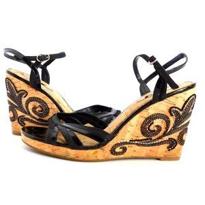 Bandolino Black Leather Embroidered Cork Wedges